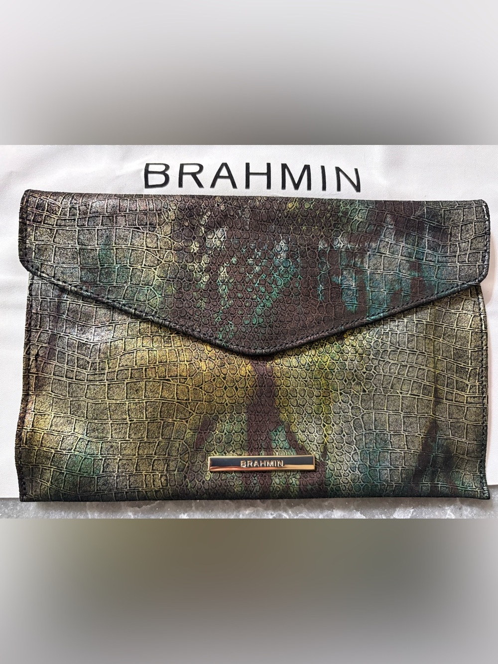 Brahmin Iridescent Green Croc-Embossed Leather Envelope Clutch NWT and dust bag